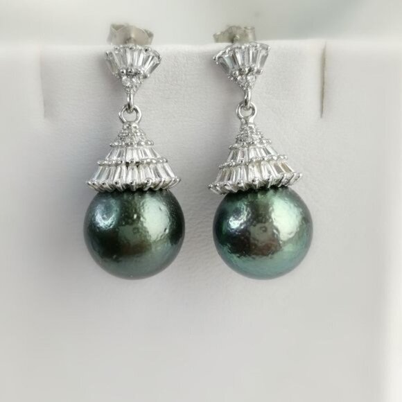 NEW Tahitian South Sea Pearl White Sapphire drop earrings 13mm - Picture 1 of 9